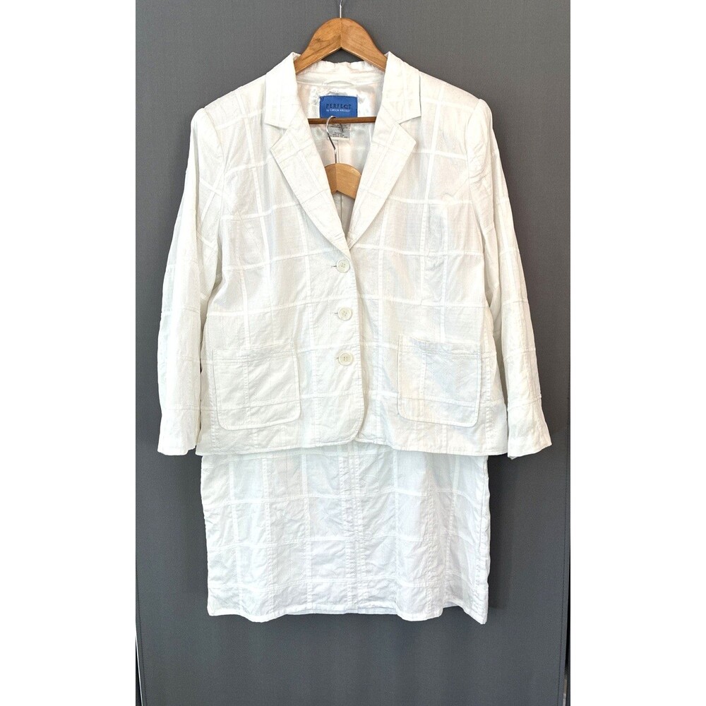 Perfect Carson Kressley Skirt Blazer Suit White Cotton Patchwork Sz L Western